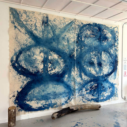 <i>Blue Painting</i>, Indigo pigment, medium, and found natural materials on raw canvas, 118 x 164 inches (unstretched)