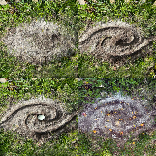 <i>Egg in Hole</i>, 2024, Dirt, grass, rocks, horse hair, sage, flowers and egg, Brooklyn Bridge Park, New York