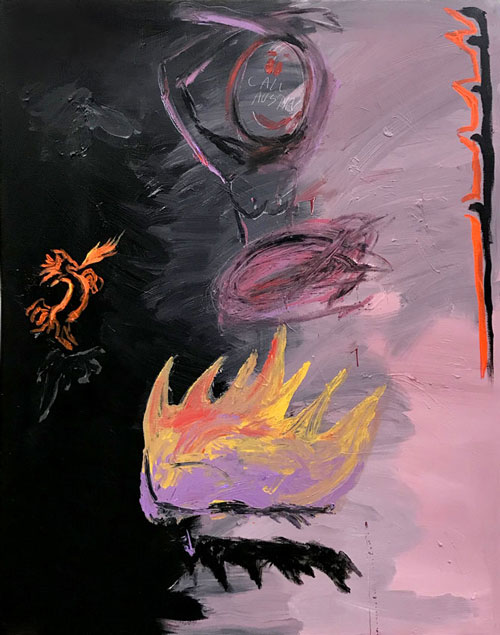 <i>Crossfire</i>, 2019, Acrylic and china marker on canvas, 68 x 40 inches