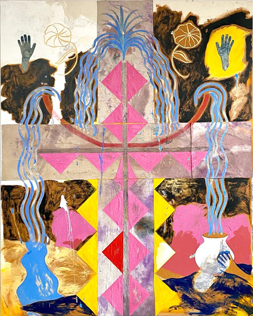 <i>Fountain Song</i>, 2022, Acrylic, dye, china marker, and lead on canvas, 96 x 77 inches