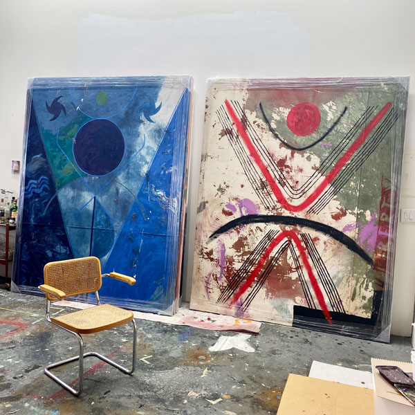  <i>(Left to right) Rebirth</i>, 2020, Acrylic and dye on canvas, 96 x 80 inches<br /><i>Liberty</i>, 2020, Oil, acrylic, and conté on canvas, 100 x 79 inches
