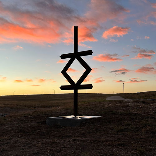 <i>Totem A</i>, 2022, Oxidized concrete, stainless steel, and rebar, 132 x 58 x 7 inches