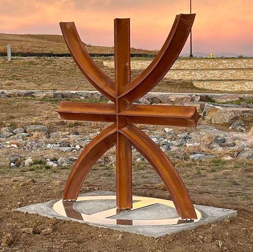 <i>Totem C</i>, 2022, Oxidized concrete, stainless steel, and rebar, 84 x 76 x 8.5 inches
